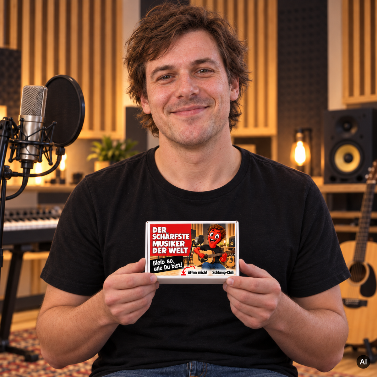 Der schärfste Musiker der Welt – kleine Geschenkbox in der Hand (AI)