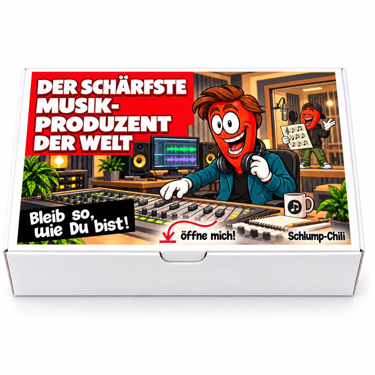 Der schärfste Musikproduzent der Welt – Frontansicht der Chili-Geschenkbox