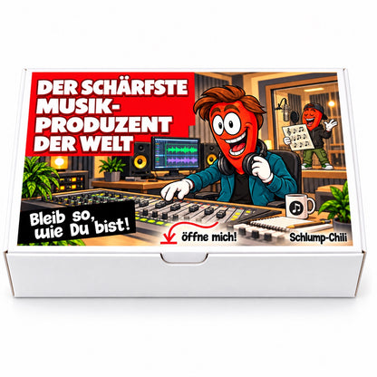 Der schärfste Musikproduzent der Welt – Frontansicht der Chili-Geschenkbox