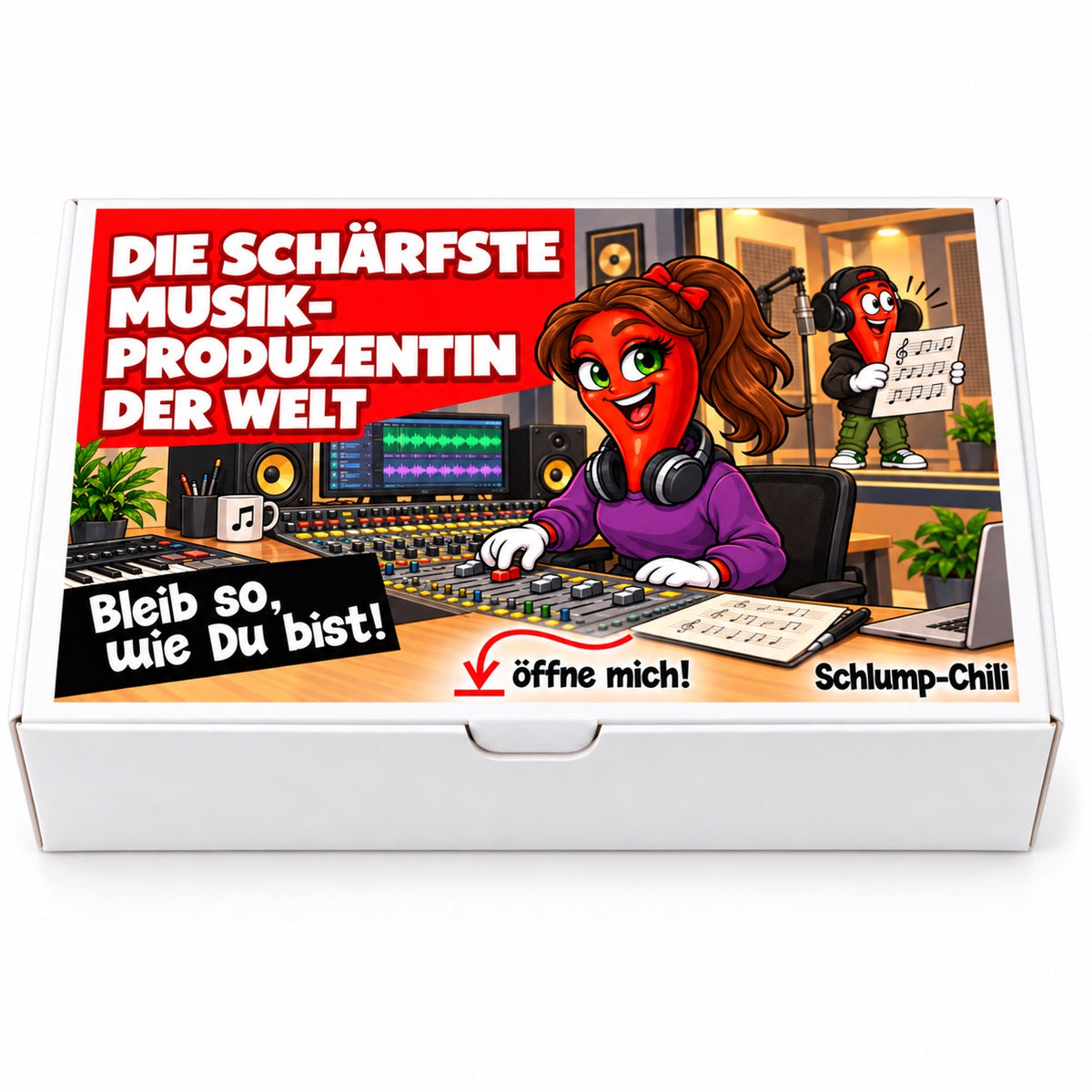 Die schärfste Musikproduzentin der Welt – Frontansicht der Chili-Geschenkbox