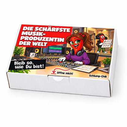 Die schärfste Musikproduzentin der Welt – Schrägansicht der Chili-Geschenkbox