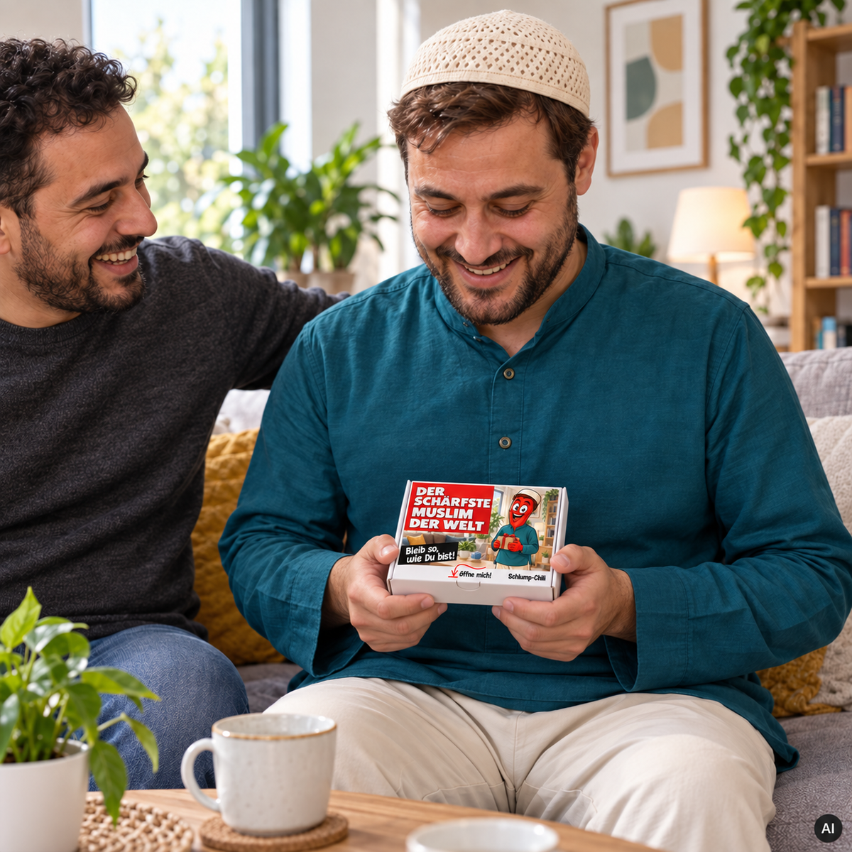Der schärfste Muslim der Welt – kleine Geschenkbox in der Hand (AI)