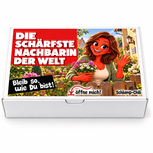 Die schärfste Nachbarin der Welt – weiße Geschenkbox, Vorderansicht