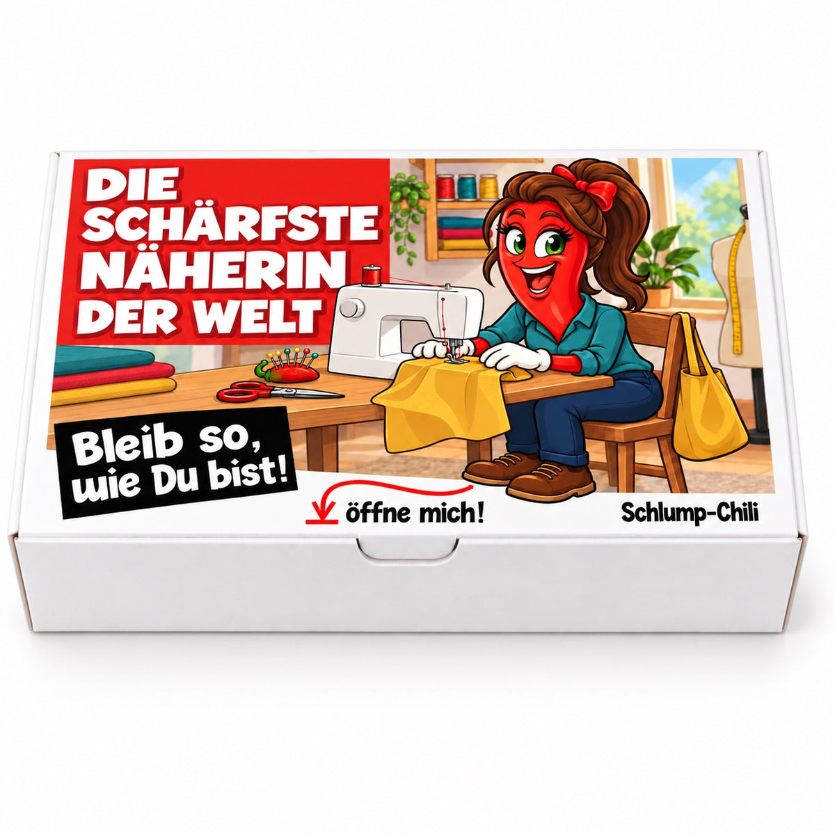 Die schärfste Näherin der Welt – Frontansicht der Chili-Geschenkbox