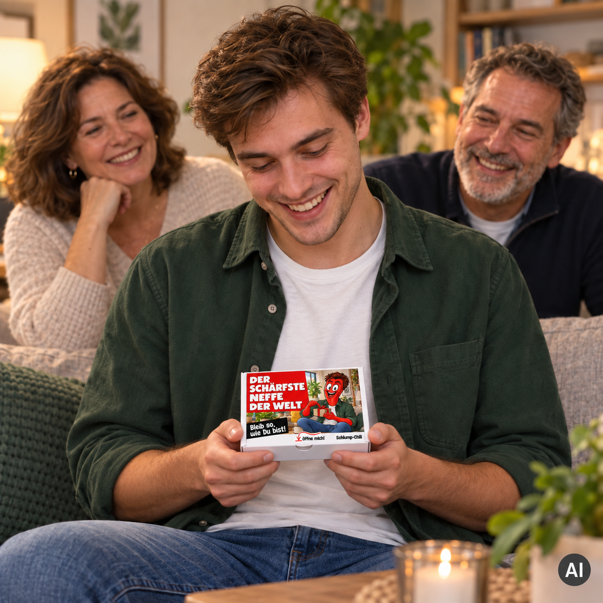 Der schärfste Neffe der Welt – kleine Geschenkbox in der Hand (AI)