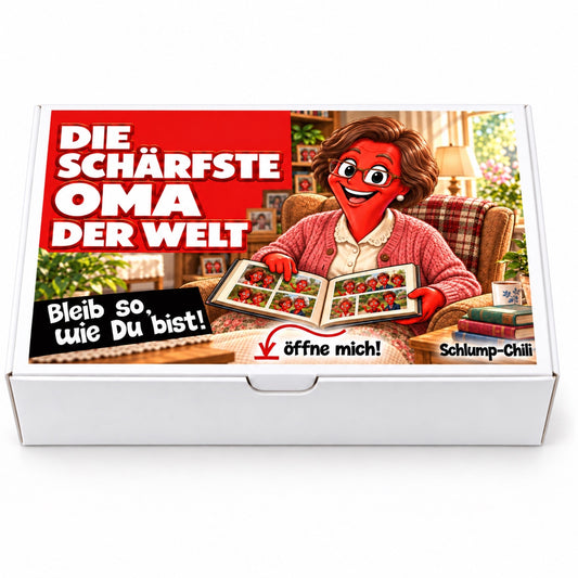 Die schärfste Oma der Welt – weiße Geschenkbox, Vorderansicht
