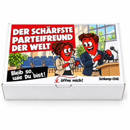 Der schärfste Parteifreund der Welt – Geschenkbox Vorderansicht