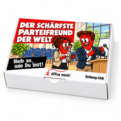 Der schärfste Parteifreund der Welt – Geschenkbox Schrägansicht