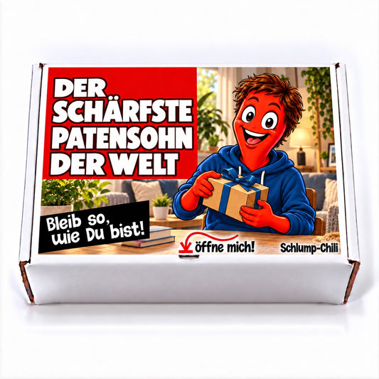 Der schärfste Patensohn der Welt – weiße Geschenkbox, Vorderansicht