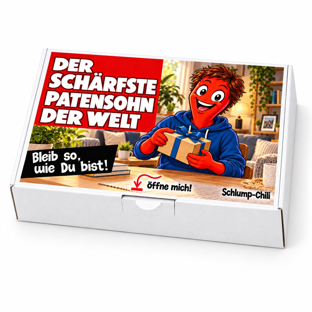 Der schärfste Patensohn der Welt – weiße Geschenkbox, Schrägansicht