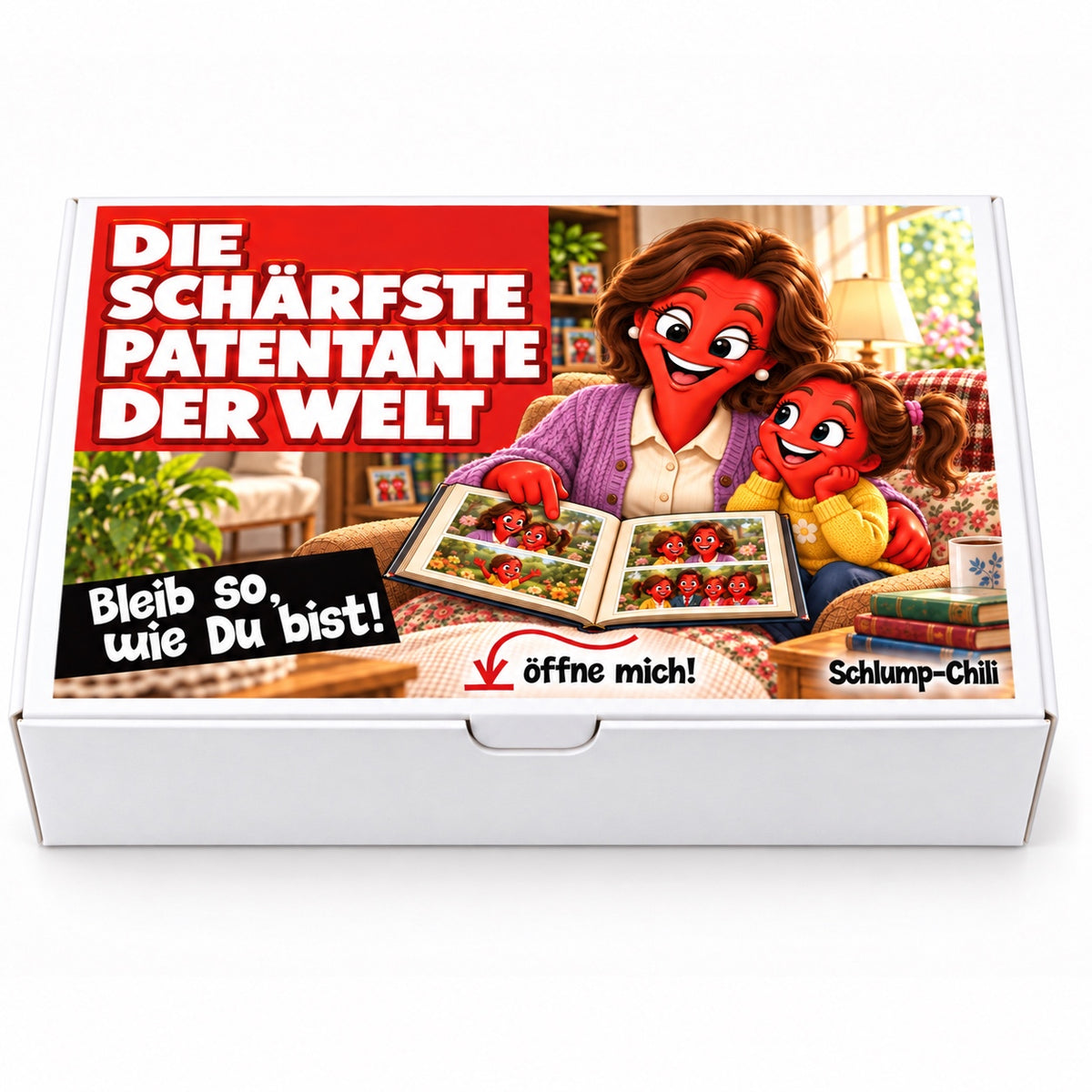 Die schärfste Patentante der Welt – weiße Geschenkbox, Vorderansicht