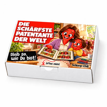 Die schärfste Patentante der Welt – weiße Geschenkbox, Schrägansicht