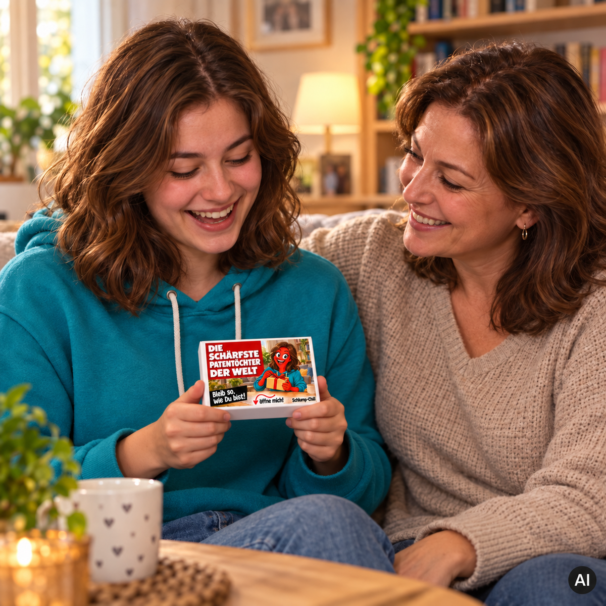 Die schärfste Patentochter der Welt – kleine Geschenkbox in der Hand (AI)