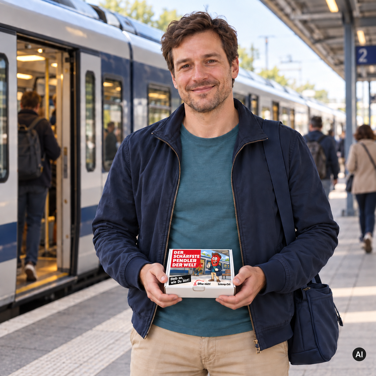 Der schärfste Pendler der Welt – Lifestylebild mit kleiner Geschenkbox (AI)