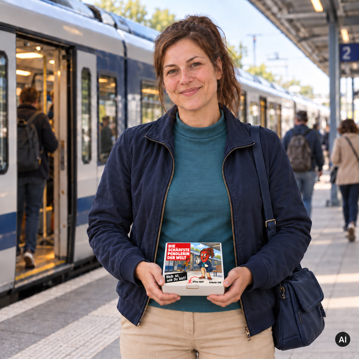 Die schärfste Pendlerin der Welt – Lifestylebild mit kleiner Geschenkbox (AI)