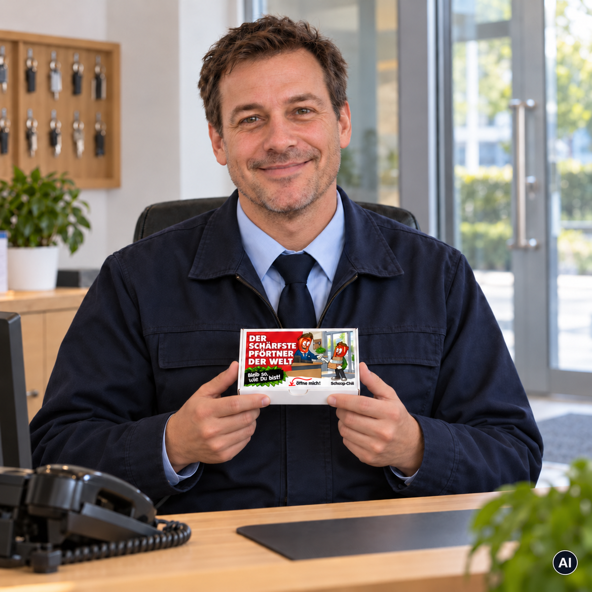 Der schärfste Pförtner der Welt – Lifestylebild mit kleiner A6-Geschenkschachtel