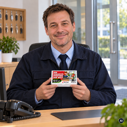 Der schärfste Pförtner der Welt – Lifestylebild mit kleiner A6-Geschenkschachtel