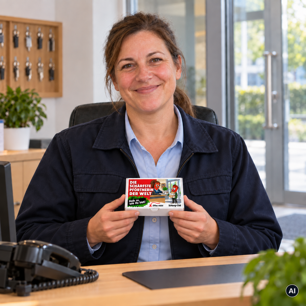Die schärfste Pförtnerin der Welt – Lifestylebild mit kleiner A6-Geschenkschachtel