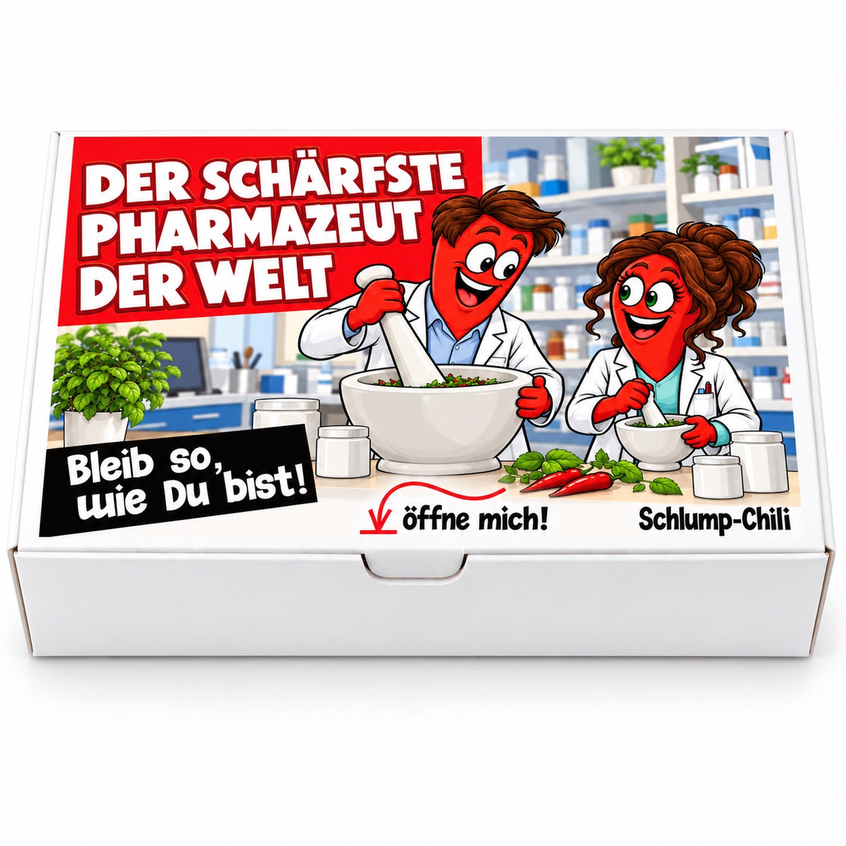 Der schärfste Pharmazeut der Welt – Geschenkbox Vorderansicht