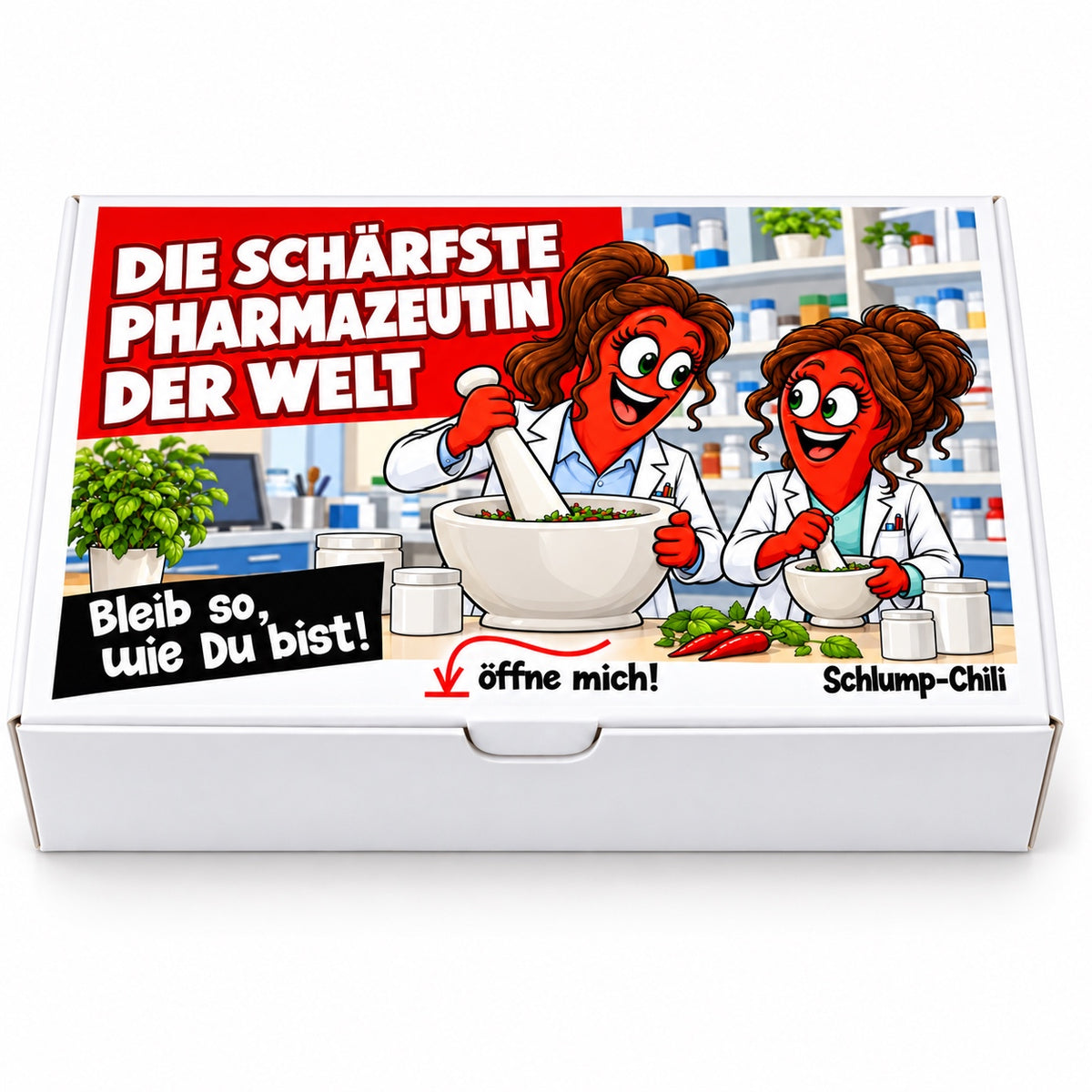 Die schärfste Pharmazeutin der Welt – Geschenkbox Vorderansicht