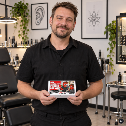 Der schärfste Piercer der Welt – Lifestylebild mit kleiner A6-Geschenkschachtel