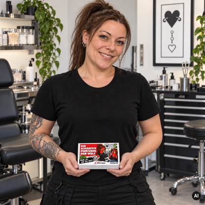Die schärfste Piercerin der Welt – Lifestylebild mit kleiner A6-Geschenkschachtel