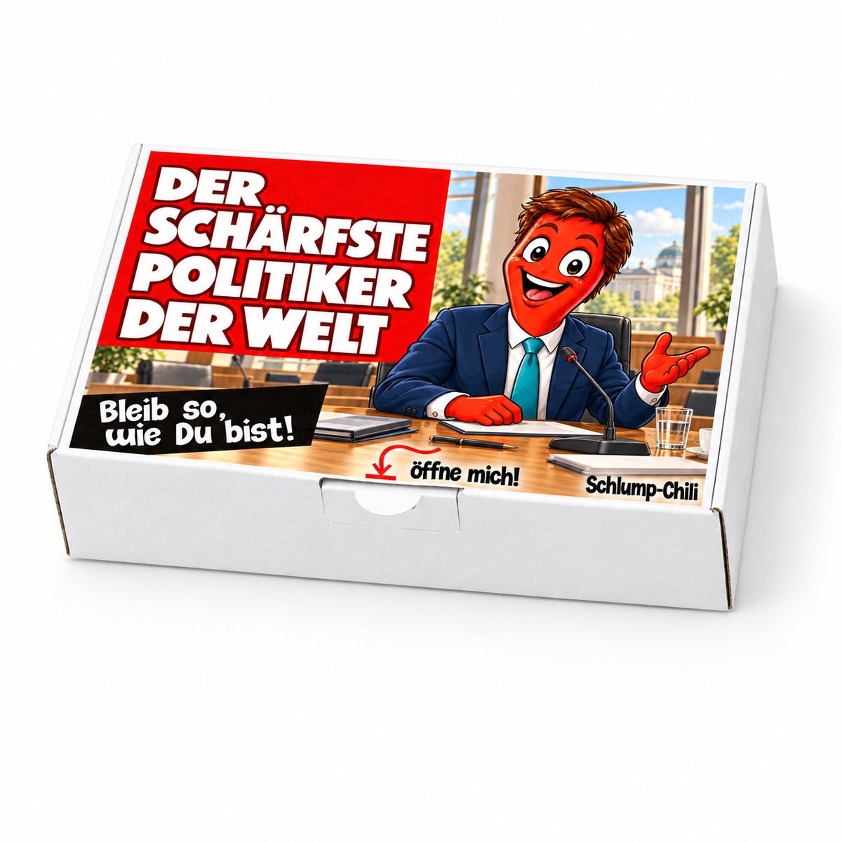 Der schärfste Politiker der Welt – weiße Geschenkbox, Schrägansicht