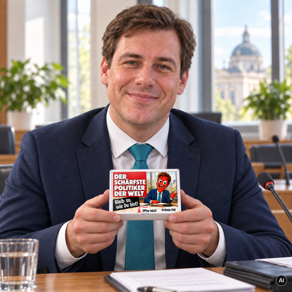 Der schärfste Politiker der Welt – kleine Geschenkbox in der Hand (AI)