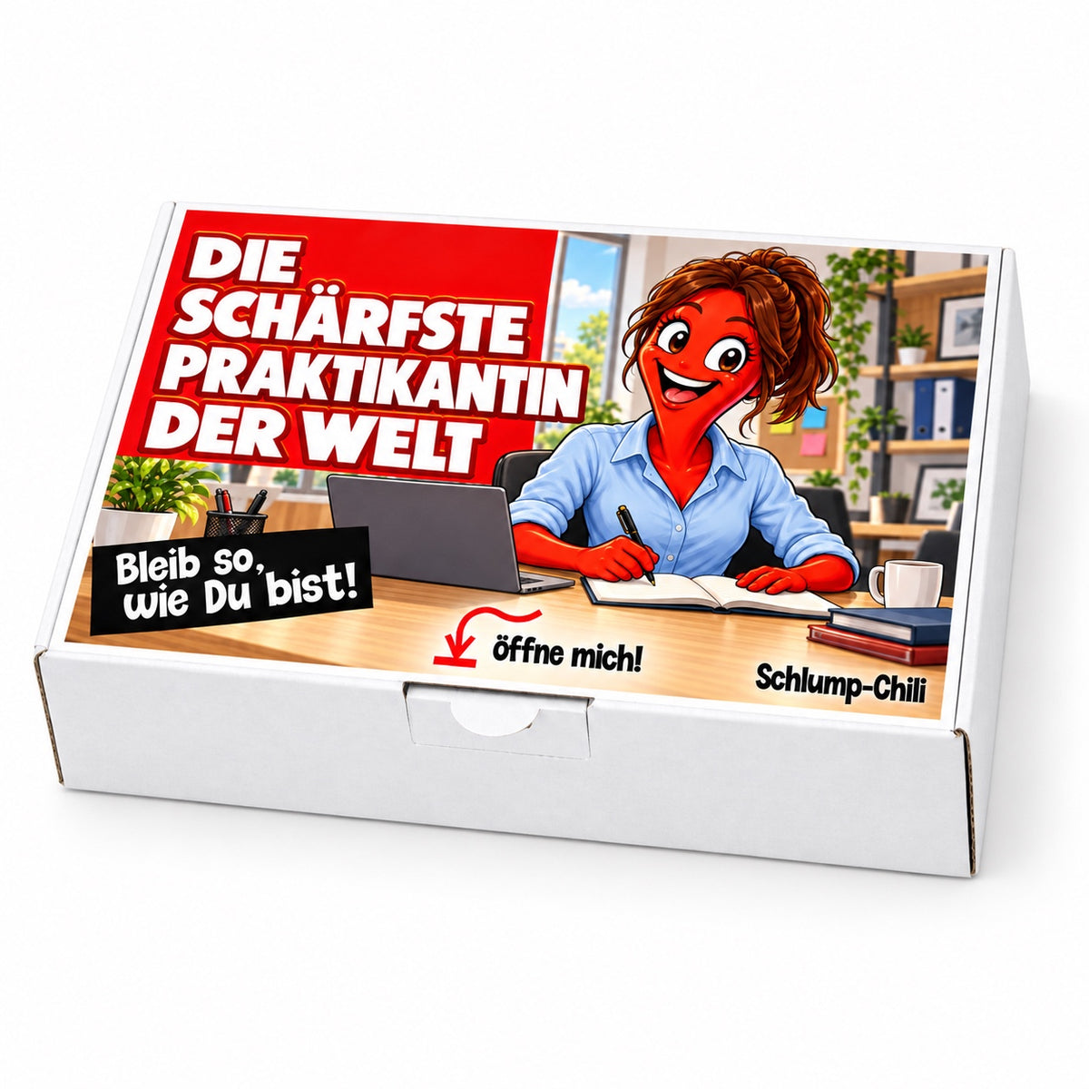 Die schärfste Praktikantin der Welt – weiße Geschenkbox, Schrägansicht