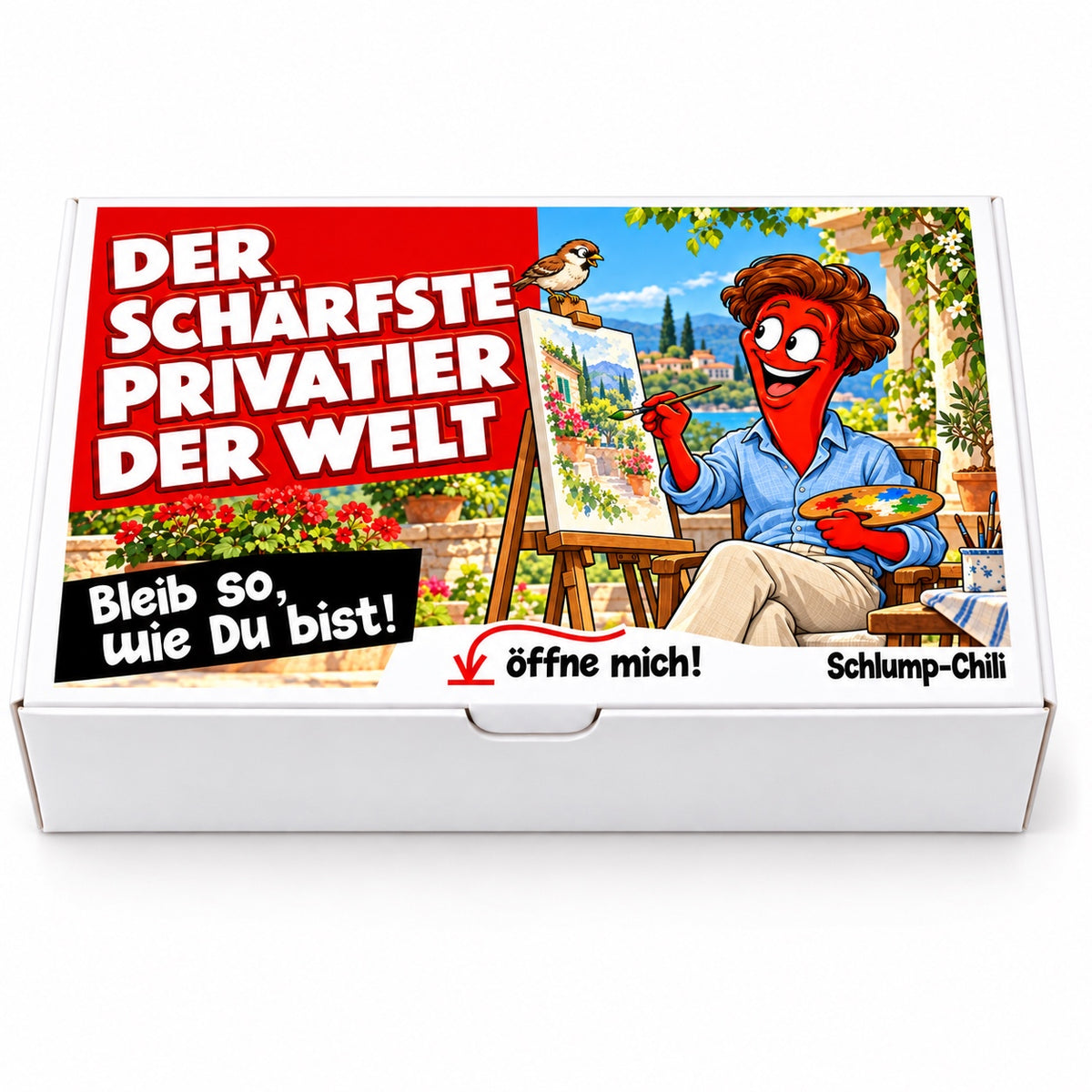 Der schärfste Privatier der Welt – weiße Geschenkbox, Vorderansicht