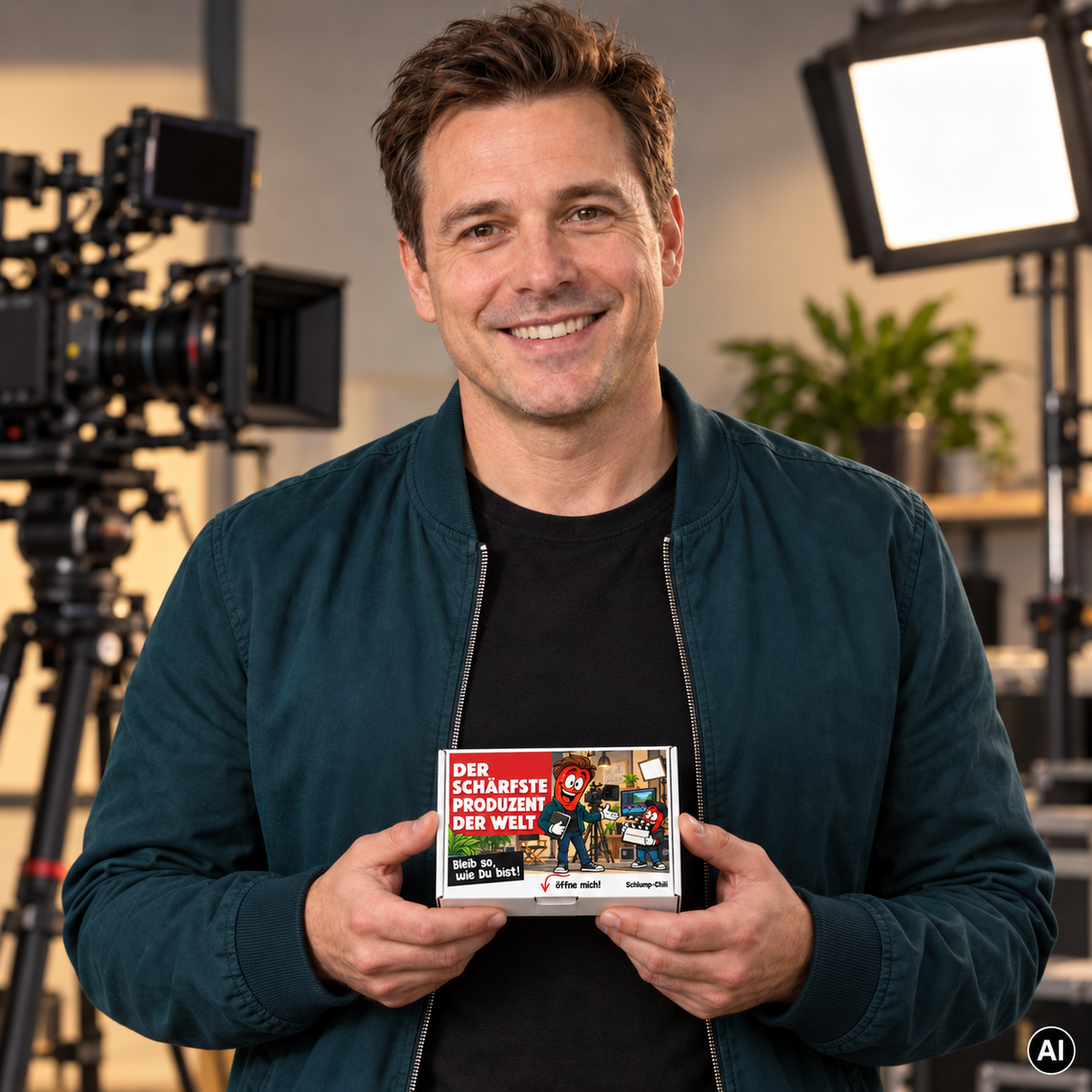 Der schärfste Produzent der Welt – Lifestylebild mit kleiner A6-Geschenkschachtel