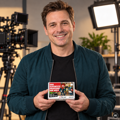 Der schärfste Produzent der Welt – Lifestylebild mit kleiner A6-Geschenkschachtel
