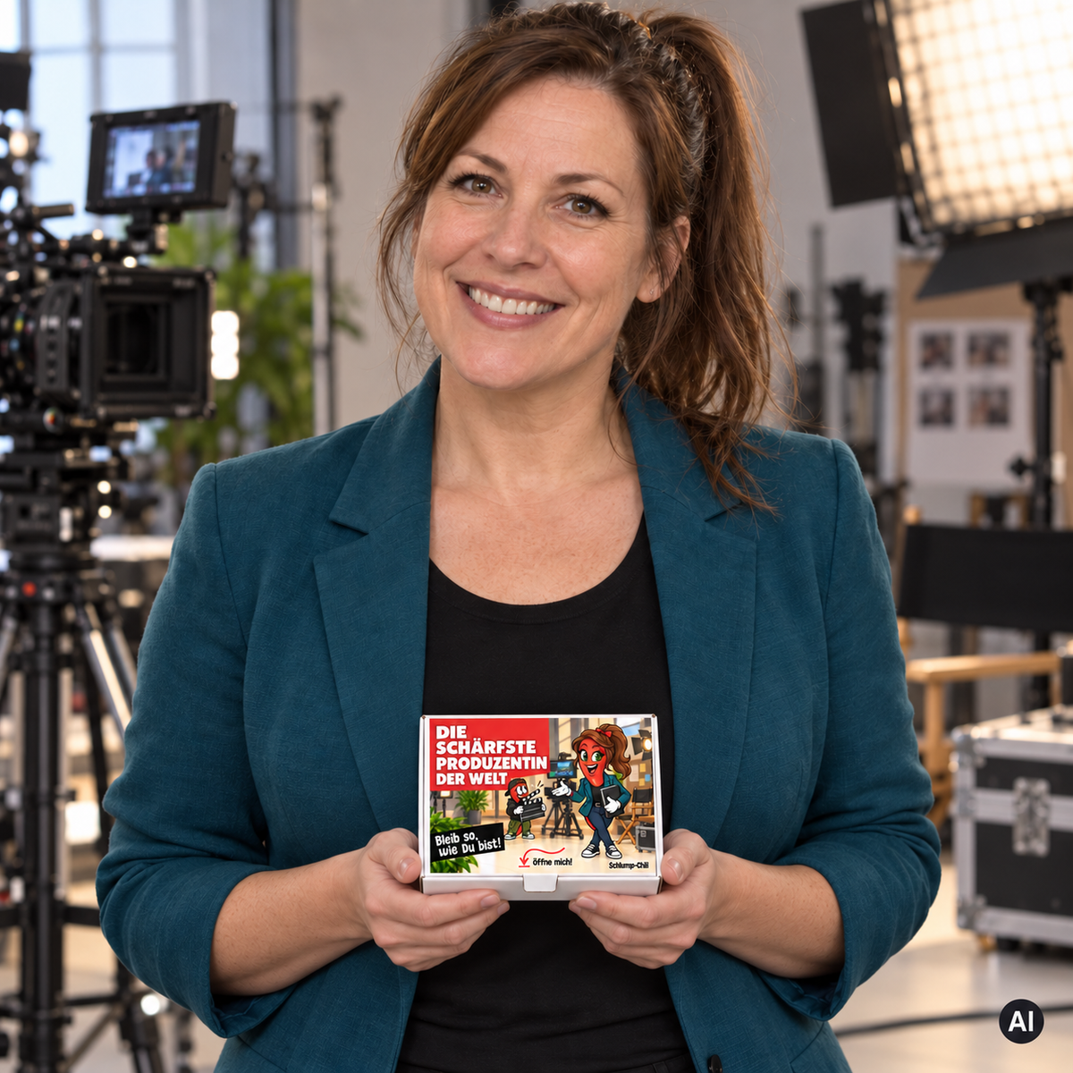 Die schärfste Produzentin der Welt – Lifestylebild mit kleiner A6-Geschenkschachtel