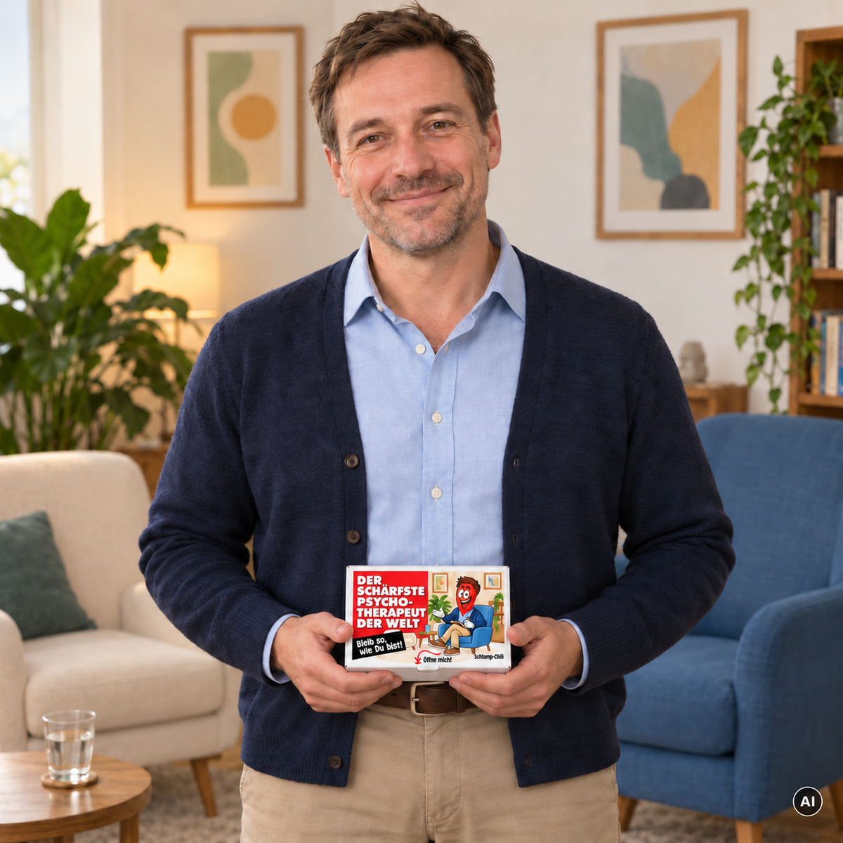 Der schärfste Psychotherapeut der Welt – Lifestylebild mit kleiner A6-Geschenkschachtel