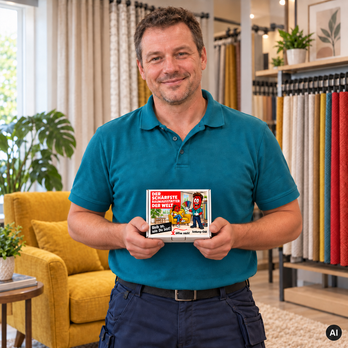 Der schärfste Raumausstatter der Welt – Lifestyle mit kleiner A6-Geschenkbox, AI