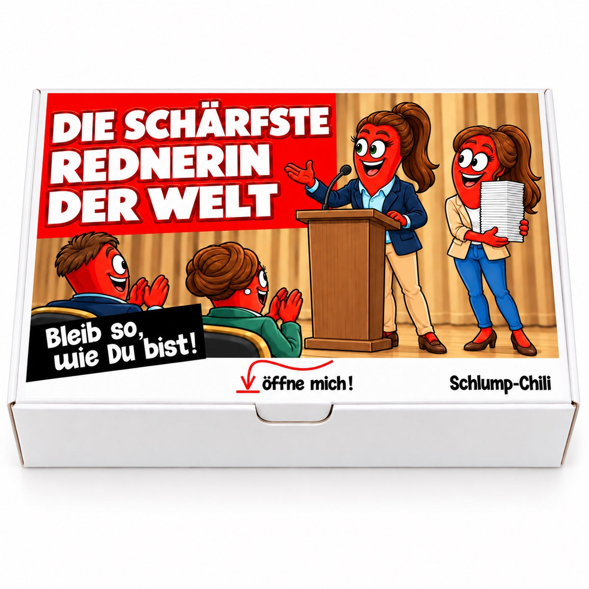 Die schärfste Rednerin der Welt – Geschenkbox Vorderansicht
