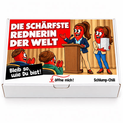Die schärfste Rednerin der Welt – Geschenkbox Vorderansicht
