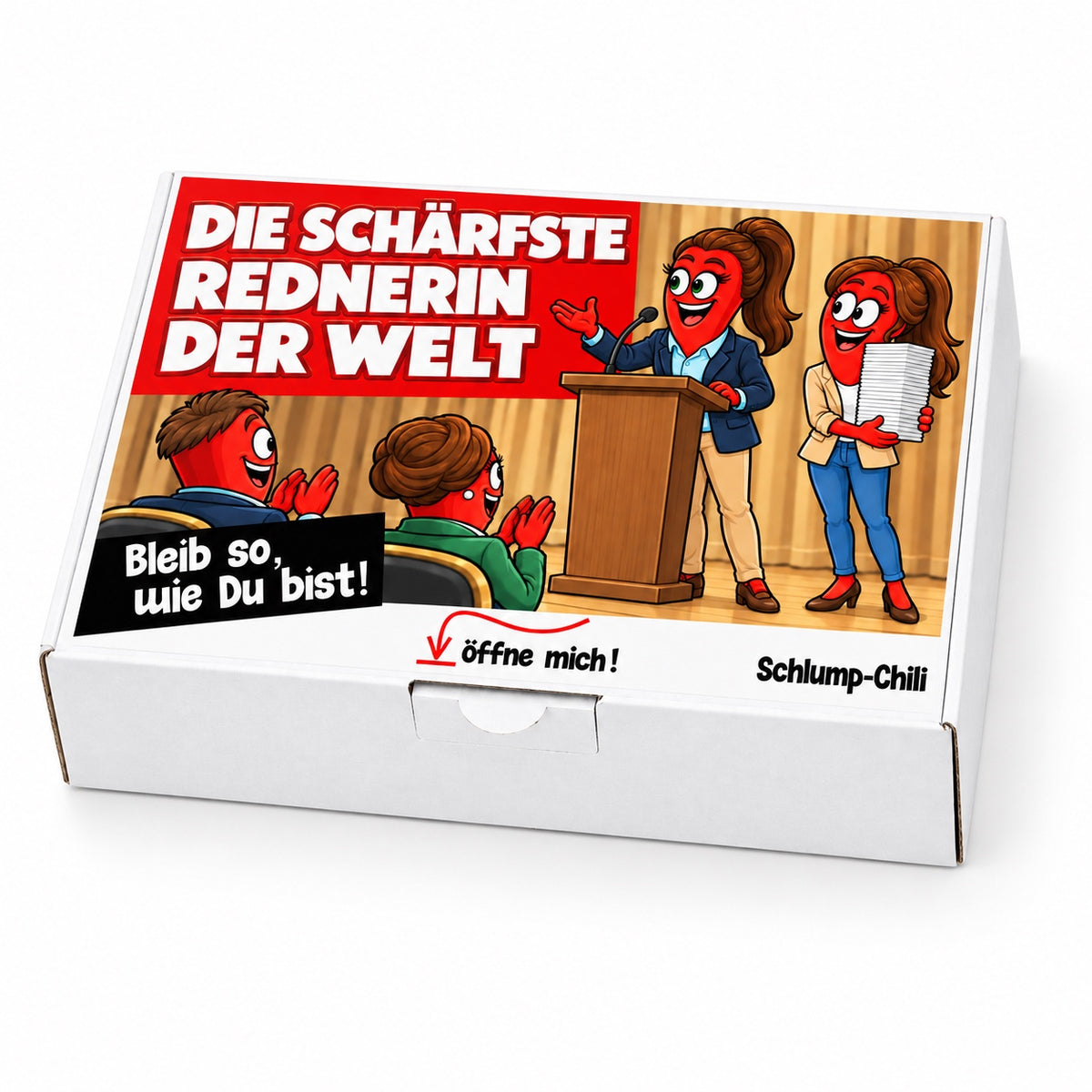 Die schärfste Rednerin der Welt – Geschenkbox Schrägansicht
