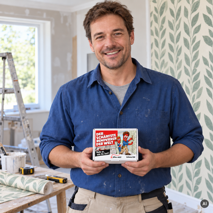 Der schärfste Renovierer der Welt – kleine Geschenkbox in der Hand (AI)