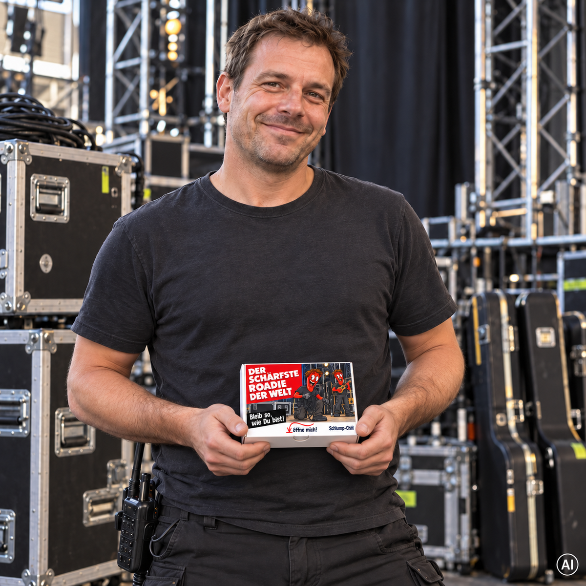 Der schärfste Roadie der Welt – kleine Geschenkbox in der Hand (AI)