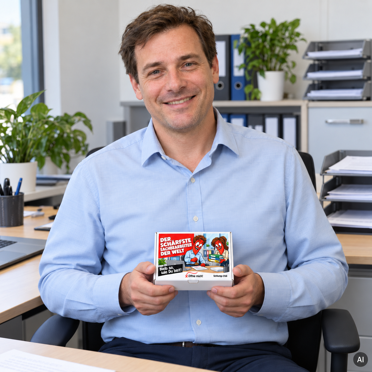 Der schärfste Sachbearbeiter der Welt – kleine Geschenkbox in der Hand (AI)