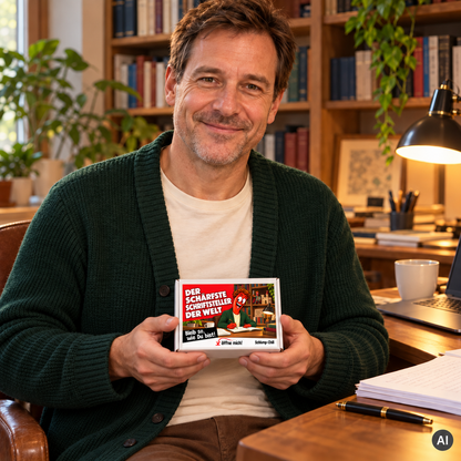 Der schärfste Schriftsteller der Welt – Lifestylebild mit kleiner weißer Geschenkbox (ca. A6), KI-generiert
