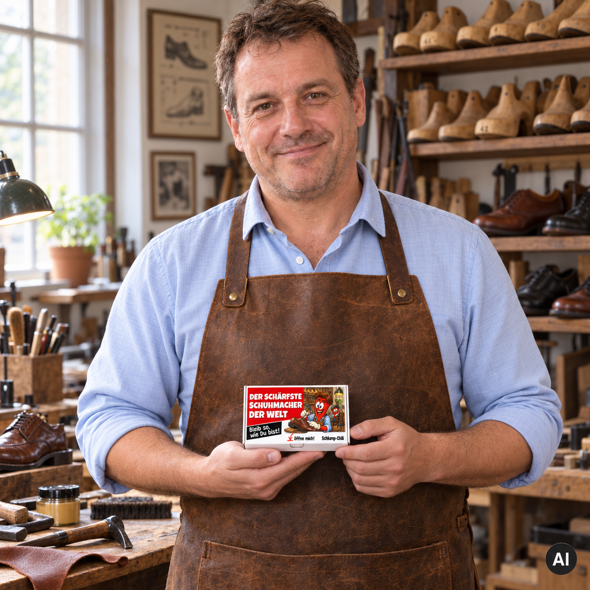 Der schärfste Schuhmacher der Welt – Lifestylebild mit kleiner A6-Geschenkschachtel