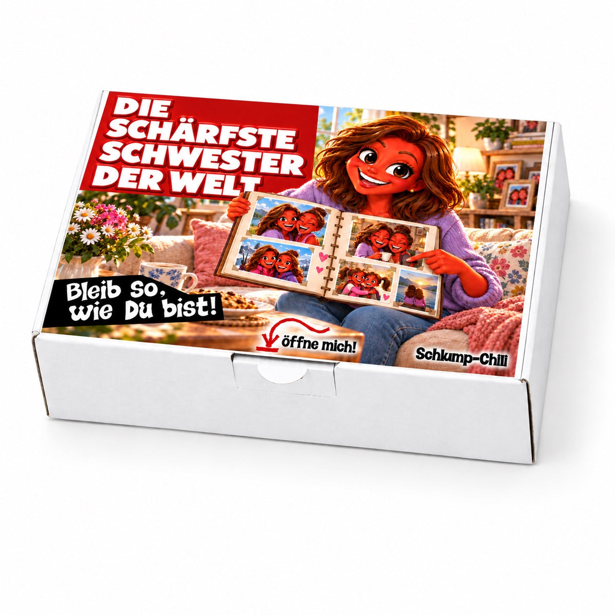 Die schärfste Schwester der Welt – weiße Geschenkbox, Schrägansicht