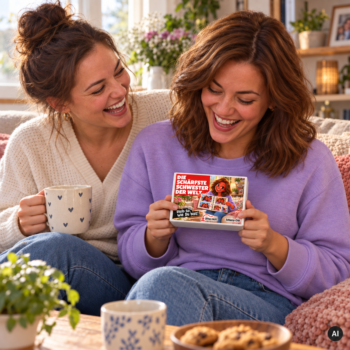Die schärfste Schwester der Welt – kleine Geschenkbox in der Hand (AI)