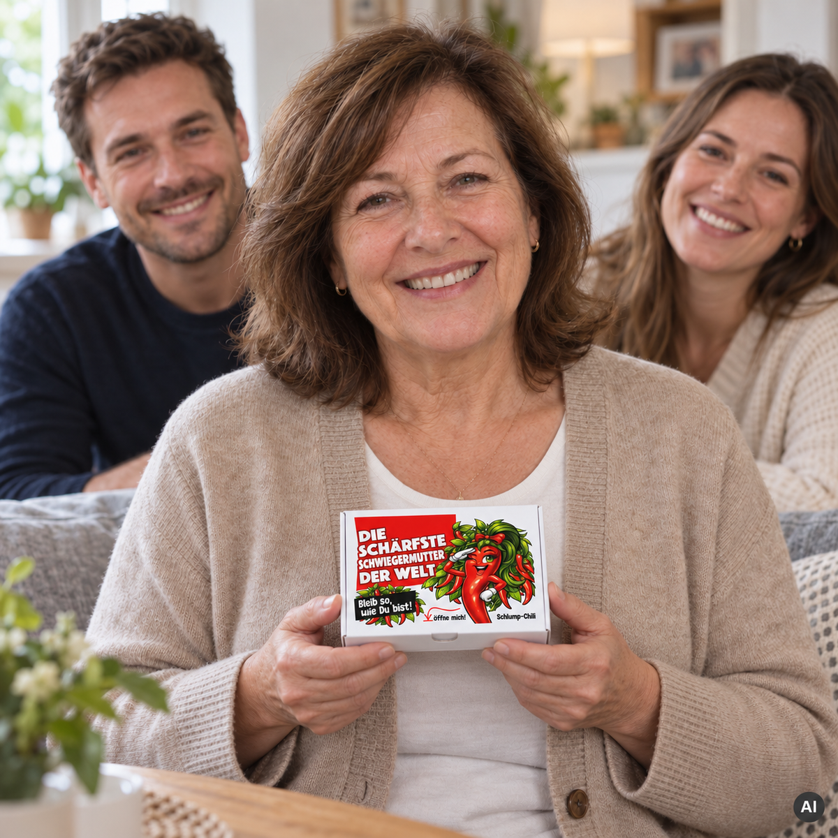 Die schärfste Schwiegermutter der Welt – kleine Geschenkbox in der Hand (AI)