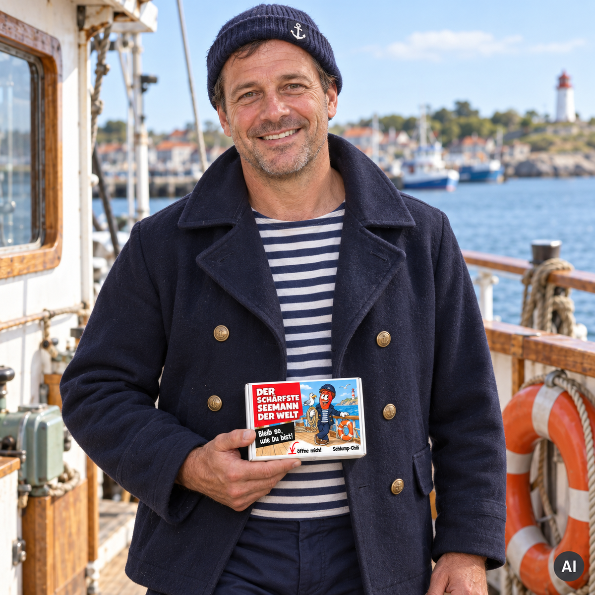 Der schärfste Seemann der Welt – Lifestylebild mit kleiner A6-Geschenkschachtel