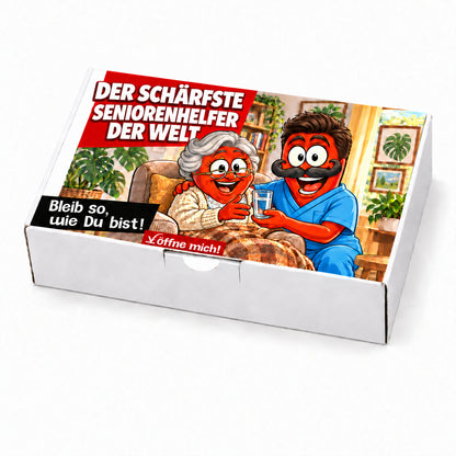 Der schärfste Seniorenhelfer der Welt – Geschenkbox Vorderansicht