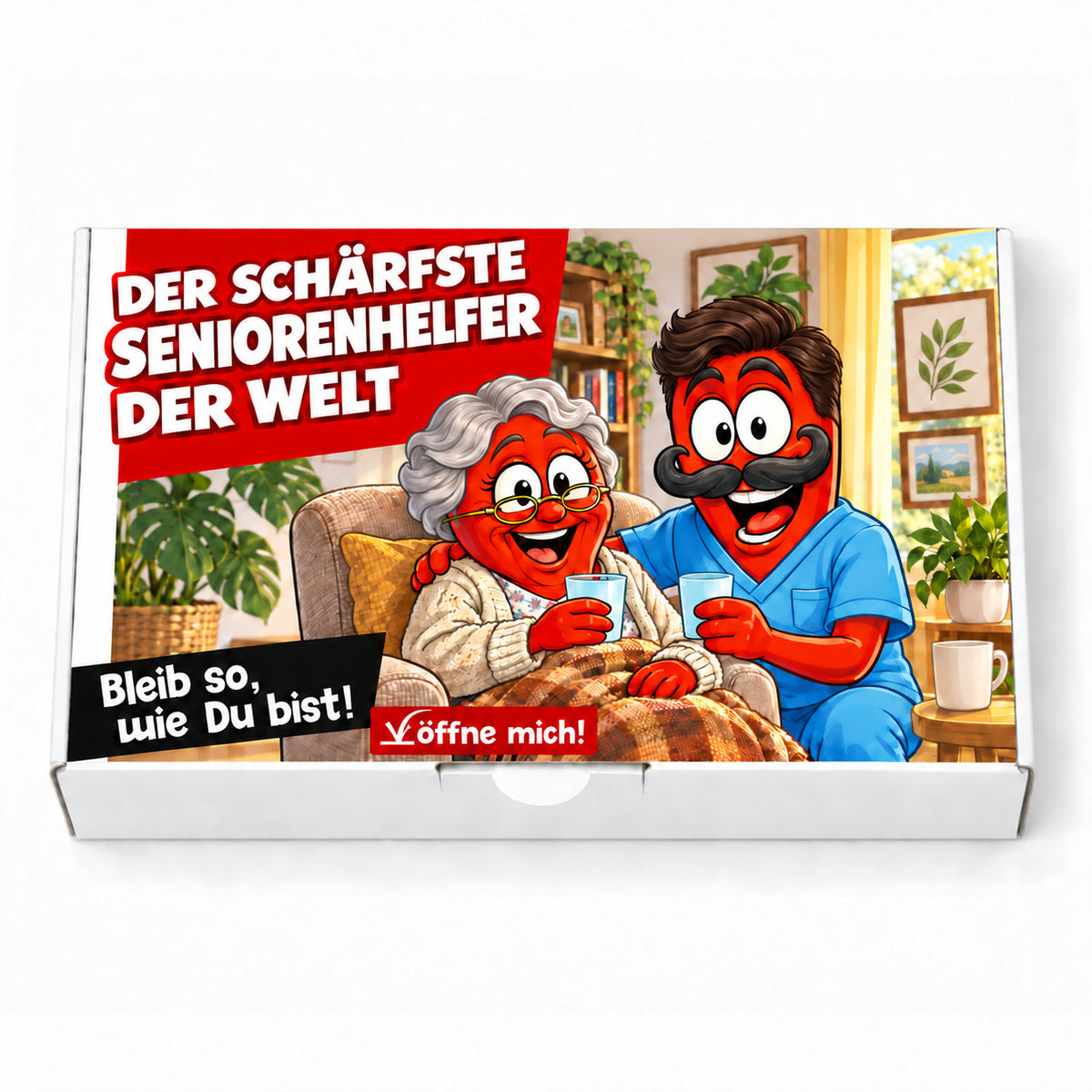 Der schärfste Seniorenhelfer der Welt – Geschenkbox Schrägansicht