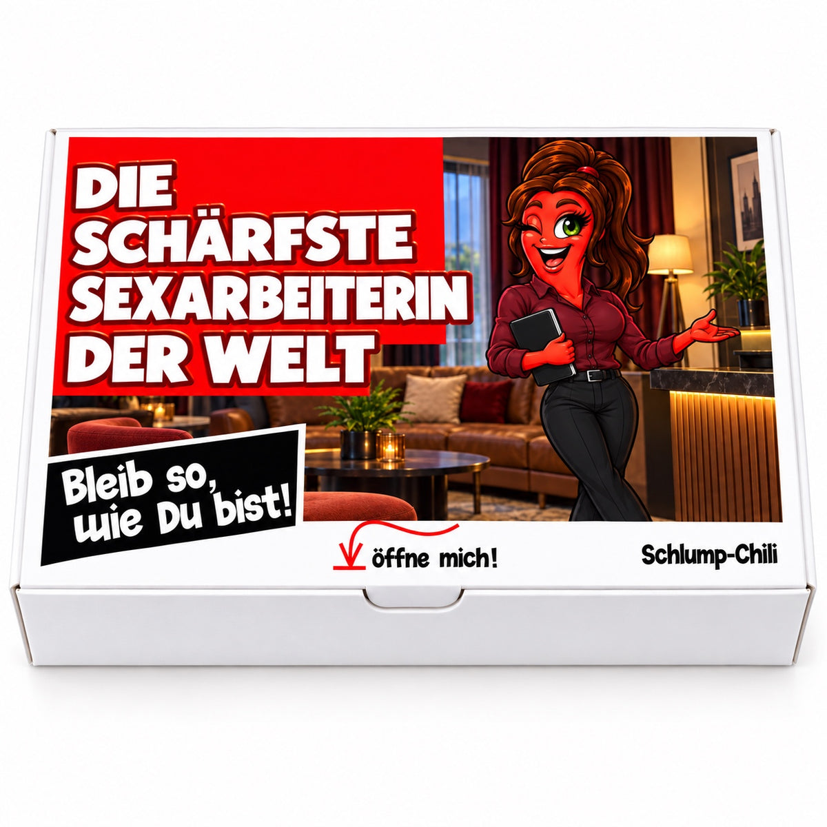 Die schärfste Sexarbeiterin der Welt – Geschenkbox Vorderansicht
